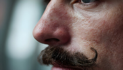 Obraz premium Close-up side view of a man's face with a curled mustache, focusing on facial texture. The video captures intricate details with a macro lens