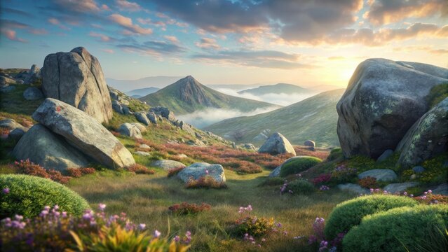 Boulders and wildflowers in a mountainous landscape