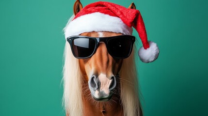 A horse wearing a Santa hat and sunglasses against a green background. The scene is festive, suitable for New Year and Christmas themes, with space for text.