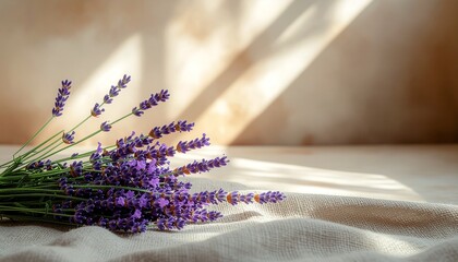 Neutral clay background with linen texture and dried lavender, warm natural light, soft shadows, eco luxury aesthetic