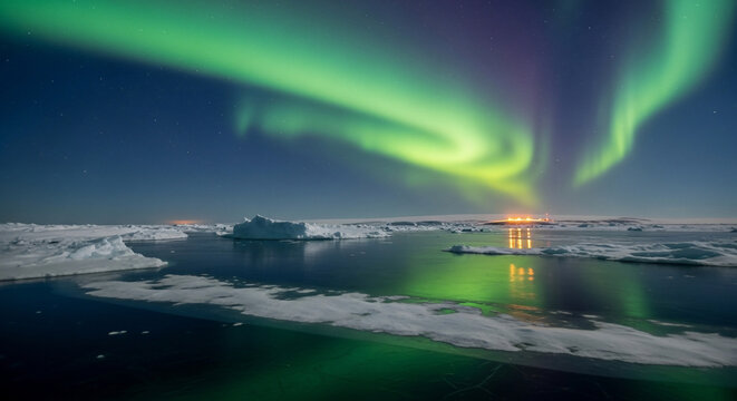 Aurora borealis over the arctic ocean with icebergs and reflections in the water - Powered by Adobe