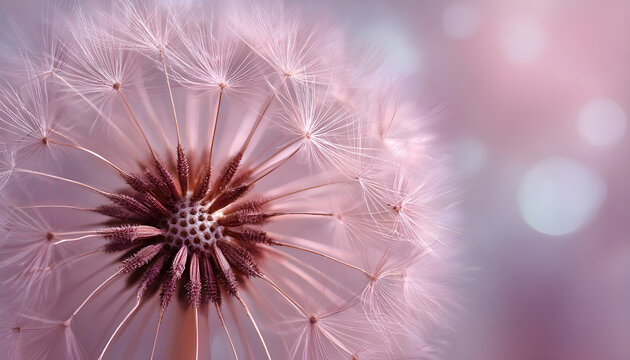 Close-up, top-down view of a dandelion in soft pink hues, capturing intricate details.