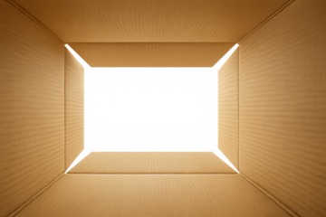 Cardboard box opening with transparent background, viewing inside an empty package, delivery shipping concept