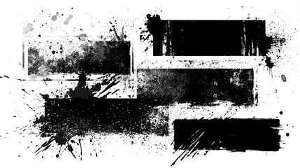 Black paint brush stamps. Vector grunge effect text boxes. Rough, stroke spray ink rectangles on paper. Distressed scratch background. Ink splatter frames on white. Paintbrush element banner bg Stock 