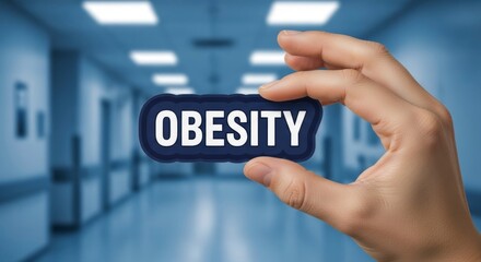 The Obesity Concept: A hand holds up a visual representation of the term OBESITY, symbolizing a pressing healthcare issue, potentially emphasizing the need for awareness, prevention.