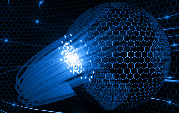 Fiber optic cables streaming data through a digital sphere