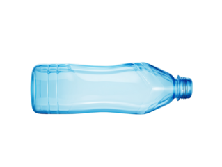 A clear blue plastic bottle is depicted against a black backdrop, showcasing its shape and design while highlighting transparency and simplicity on transparent background.