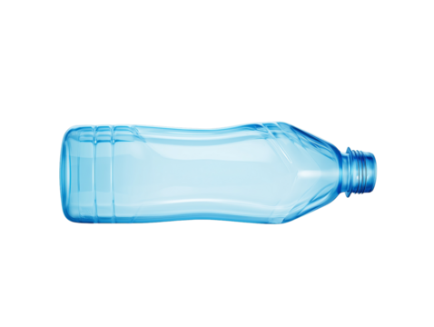 A clear blue plastic bottle is depicted against a black backdrop, showcasing its shape and design while highlighting transparency and simplicity on transparent background.