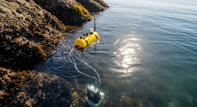 Yellow underwater robot tethered to sensor in ocean near rocky shoreline