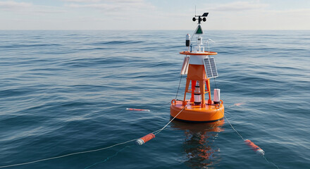 Orange buoy floating in the ocean on a sunny day with clear blue sky