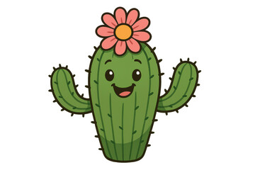 Smiling cartoon cactus character with pink flower, welcoming and friendly succulent plant, transparent background
