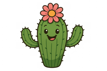 Smiling cartoon cactus character with pink flower, welcoming and friendly succulent plant, transparent background
