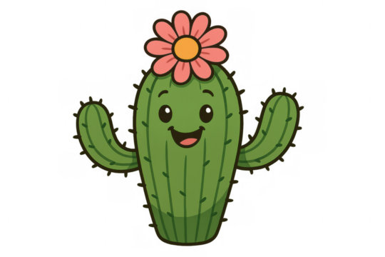 Smiling cartoon cactus character with pink flower, welcoming and friendly succulent plant, transparent background