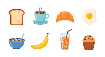 Breakfast food items bread coffee croissant egg cereal banana juice muffin