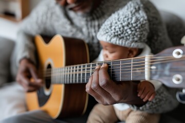 Obraz premium Close-up of father playing acoustic guitar while holding baby in cozy home setting, soft natural light and warm clothing create intimate atmosphere, concept of bonding, music and love