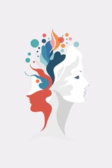 Abstract double exposure illustration of two female profiles with colorful flowing shapes, symbolizing creativity, duality, psychology, and emotional expression in modern art style.