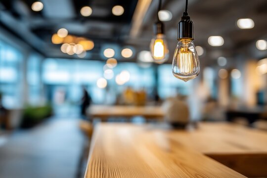 Warm glowing bulbs in focus with a blurred modern coworking space in the background, wooden tables and ambient lighting create a cozy, creative atmosphere for teamwork and innovation