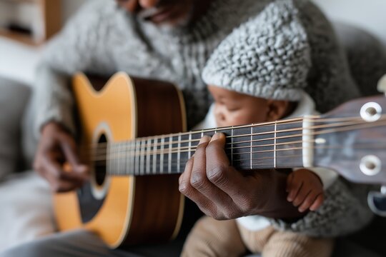 Close-up of father playing acoustic guitar while holding baby in cozy home setting, soft natural light and warm clothing create intimate atmosphere, concept of bonding, music and love - Powered by Adobe