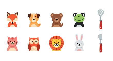 Fototapeta premium Cartoon animal faces and kitchen tools in a row illustration design