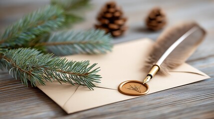 Sealed envelope with wax stamp, feather pen and pine branches on rustic wooden table, warm light and shallow depth of field. Concept of vintage Christmas wishes and traditional holiday spirit