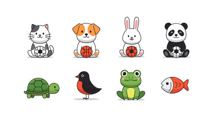Cartoon animals collection cat dog rabbit panda turtle bird frog fish