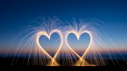 Two glowing heart shapes made with steel wool sparks on twilight background, romantic light painting at dusk symbolizing love, celebration and New Year magic
