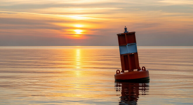 Navigation buoy in the sea during sunset with a colorful sky in background