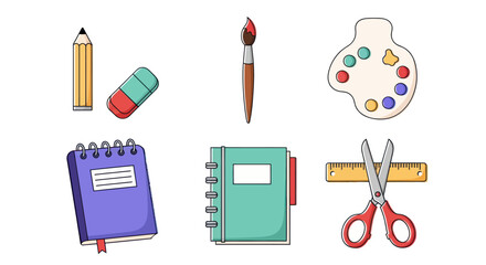 Art supplies illustration pencil eraser brush palette notebook scissors