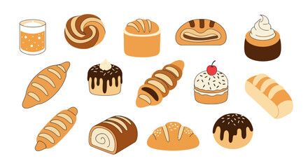 Assorted baked goods illustration bread pastries and cakes on white