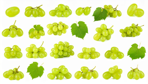 A vibrant collection of fresh green grapes, artfully arranged on a clean white background, showcasing nature's bounty and healthy eating