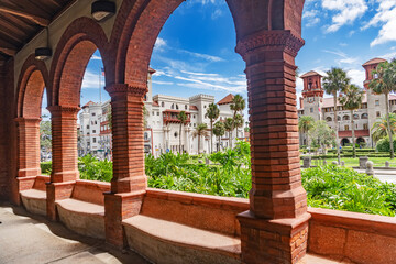 Flagler College historic campus with red brick  arches in St. Augustine, Florida