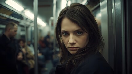 Obraz premium Moody candid portrait of a young woman riding a dimly lit subway train, capturing quiet introspection, urban atmosphere, and the contemplative emotion found within everyday public transportation envir