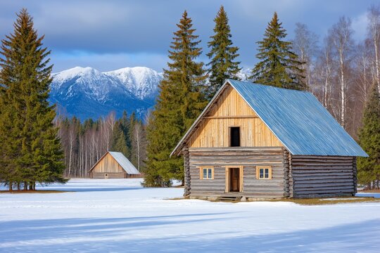 Traditional wooden houses with blue roofs stand in a snowy clearing surrounded by tall pines and bare trees, with majestic snow-covered mountains in the background under a partly cloudy sky - Powered by Adobe
