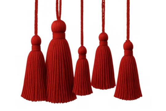 Five red tassels hanging vertically on a transparent background, offering a decorative element for festive and elegant designs