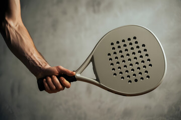 Padel tennis player ready for serve on gray background ,