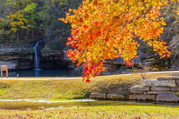 Sunny view of the beautiful autumn landscape in Dogwood Canyon Nature Park