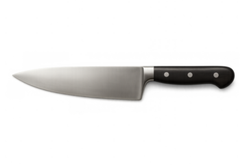 Chef's knife with sharp steel blade and black handle for cooking, chopping, and preparing food on transparent background