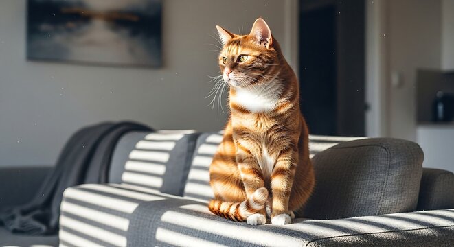 Orange tabby cat sitting alert on a gray sofa bathed in sunlight from blinds portraying domestic comfort and feline companionship perfect for pet blog
