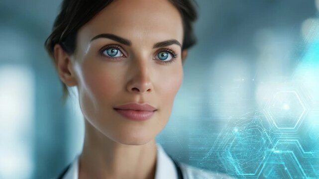 Portrait of a professional woman in medicine, exuding confidence and expertise in a high tech clinical setting. The image blends human compassion with cutting edge digital healthcare innovation
