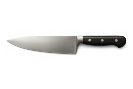Chef's knife with sharp steel blade and black handle for cooking, chopping, and preparing food on transparent background