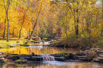 Sunny view of the beautiful autumn landscape in Dogwood Canyon Nature Park