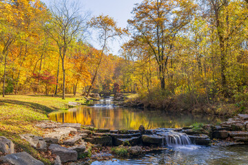 Sunny view of the beautiful autumn landscape in Dogwood Canyon Nature Park