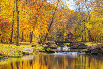 Sunny view of the beautiful autumn landscape in Dogwood Canyon Nature Park