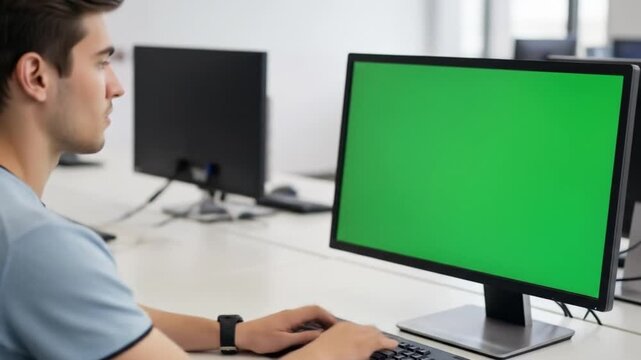 Young professional using computer with green screen at modern office desk, ideal for adding custom content, product demos, or presentations