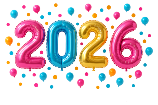 New Year 2026 Colorful Foil Number Balloons with Confetti 