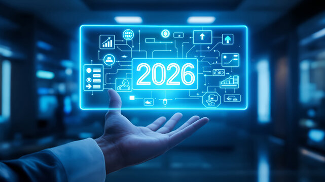 Businessman handholding a glowing blue 2026 business strategy hologram