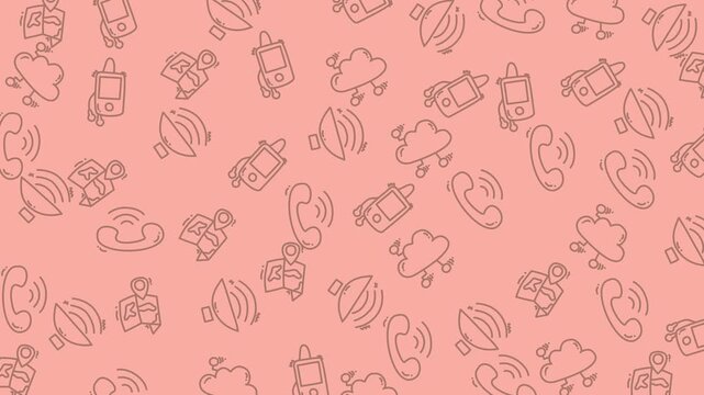 A repeating pattern of various communication icons on a pink background.