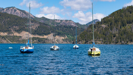 Aerial view of sailboats in the port of "San Martin de los Andes", Neuquen, Argentina.
