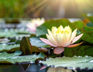Serene pond scene with a vibrant water lily basking in sunlight