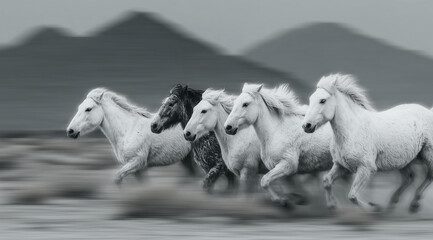 雪山を背に荒野を駆ける白馬と一頭の黒馬